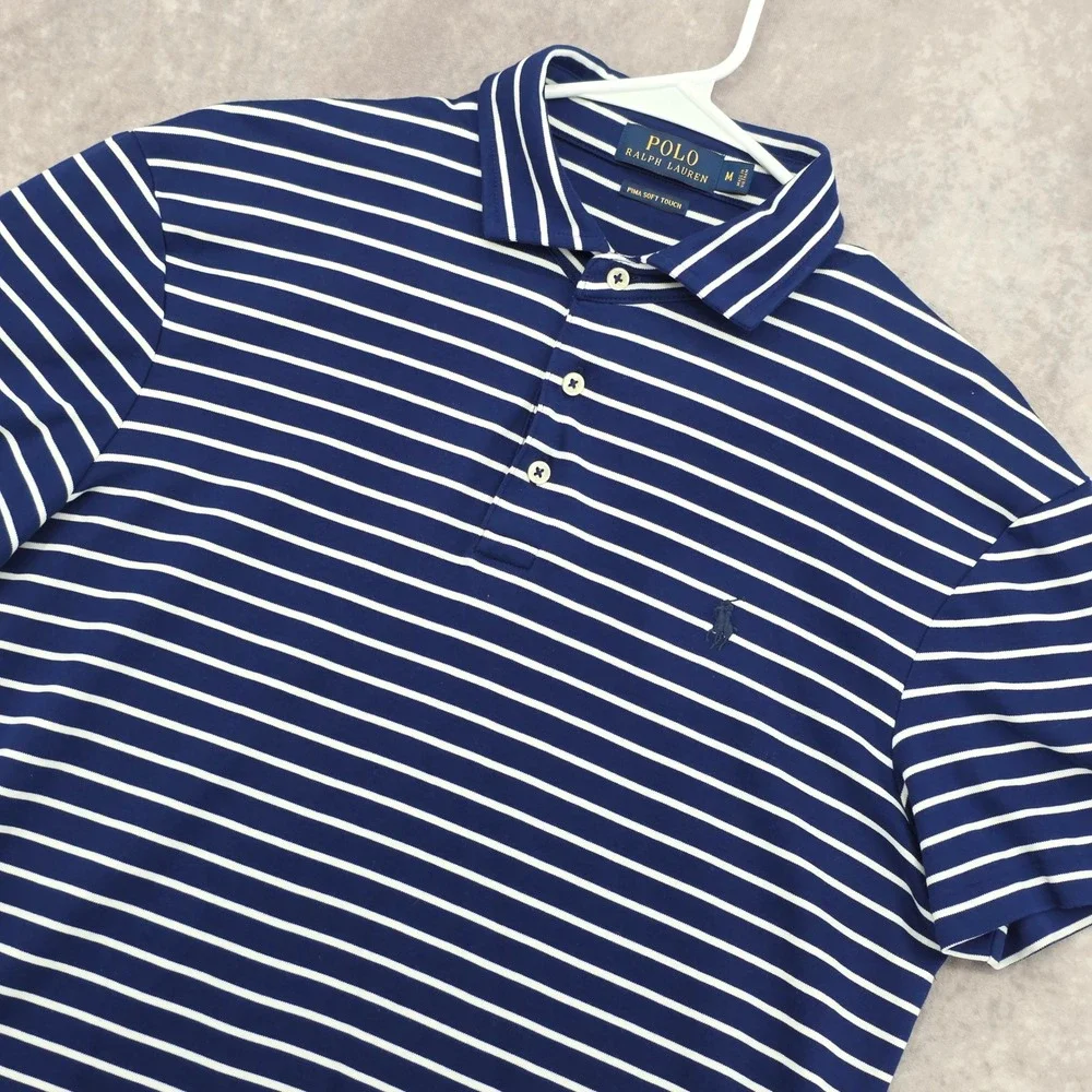 Polo Ralph Lauren Mens Medium Striped Polo Shirt Pima Soft Touch Navy Blue White